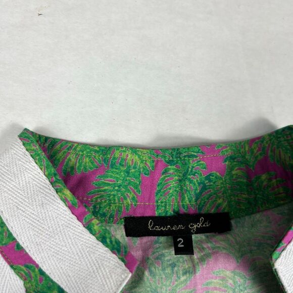 Lauren Gold Shift Dress 3/4 Sleeve Leaf Print V-Neck Preppy Resort Wear Size 2 - Picture 4 of 11